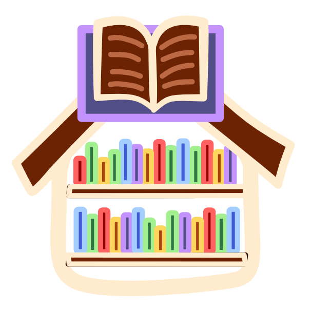 There are 2 shelves filled with books of various colors inside an off white house-shaped frame with a brown roof. At the peak of the roof is an open book with a purple cover. The pages are brown and face forward with horizontal lines representing text on them. The image has light line art.